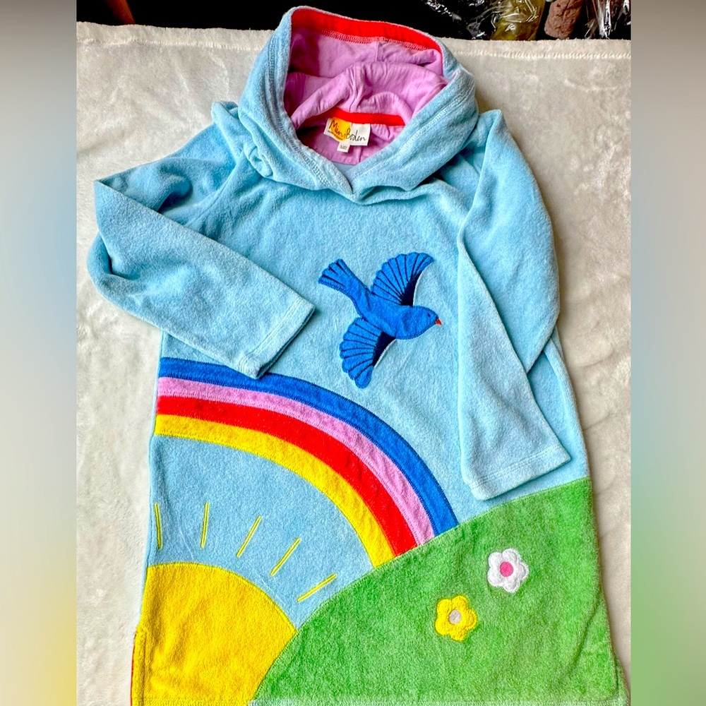 Mini Boden Light Blue Hooded Kids Swim Coverup with Rainbow & Bird